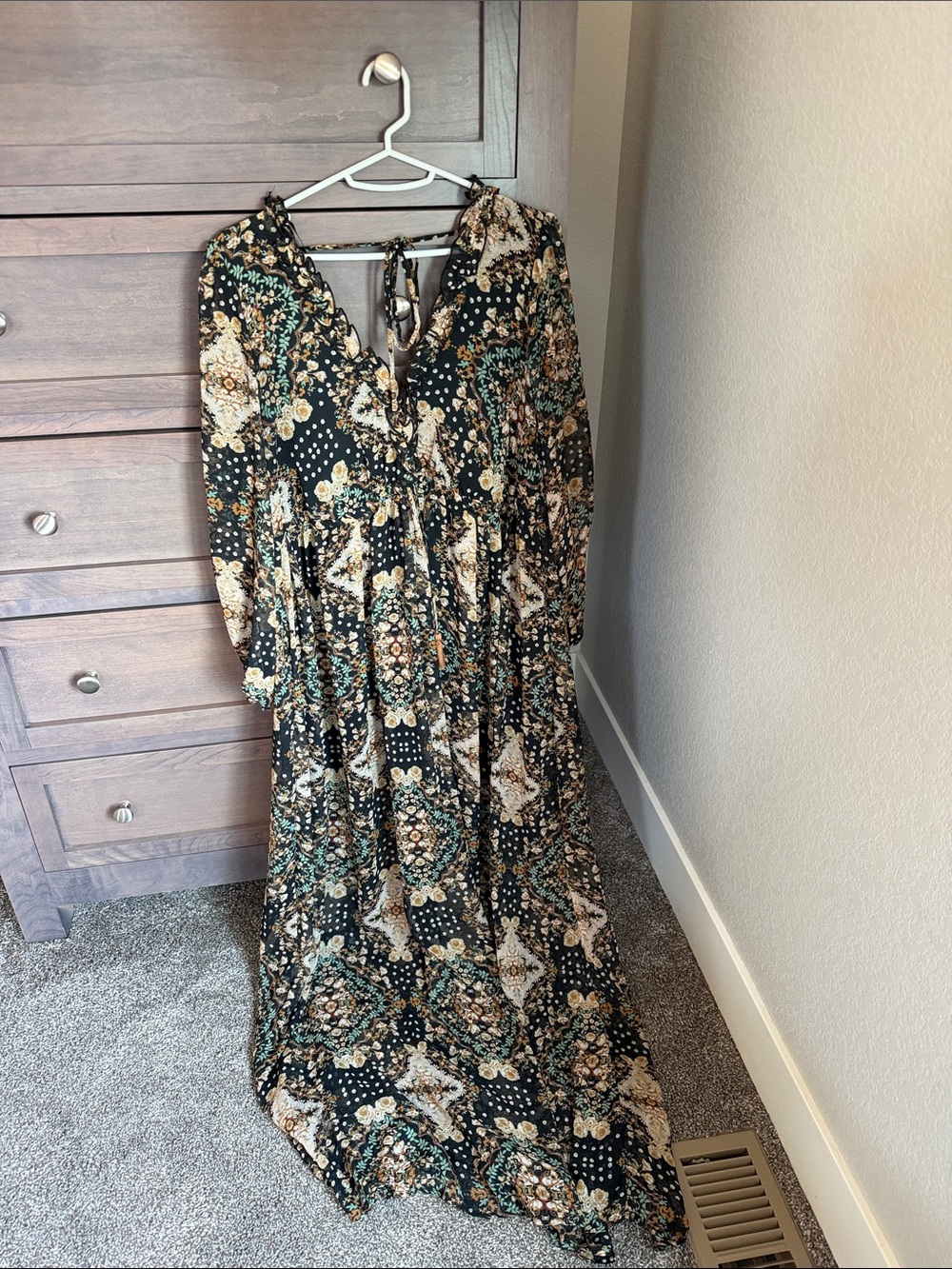 Aakaa Black Floral Paisley Maxi Dress with Cream & Green Accents